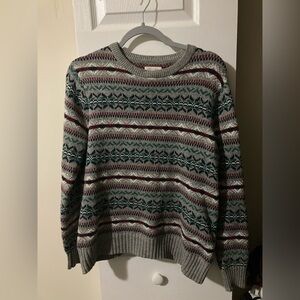 Sonoma Gray Fair Isle Sweater with Green & Red Holiday Patterns